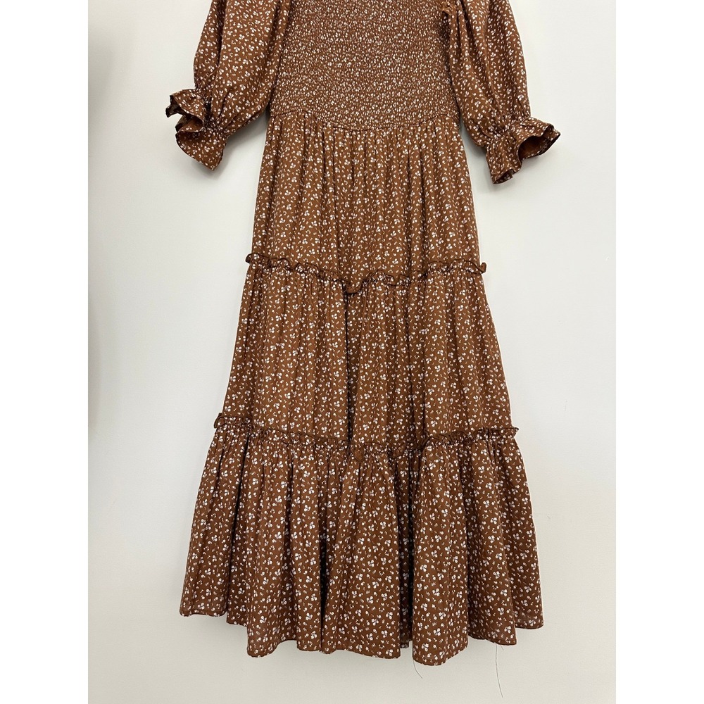 Ivy City Co Madeline Dress Small Brown Floral Smocked Tiered Midi Cotton Cottage - Picture 3 of 9